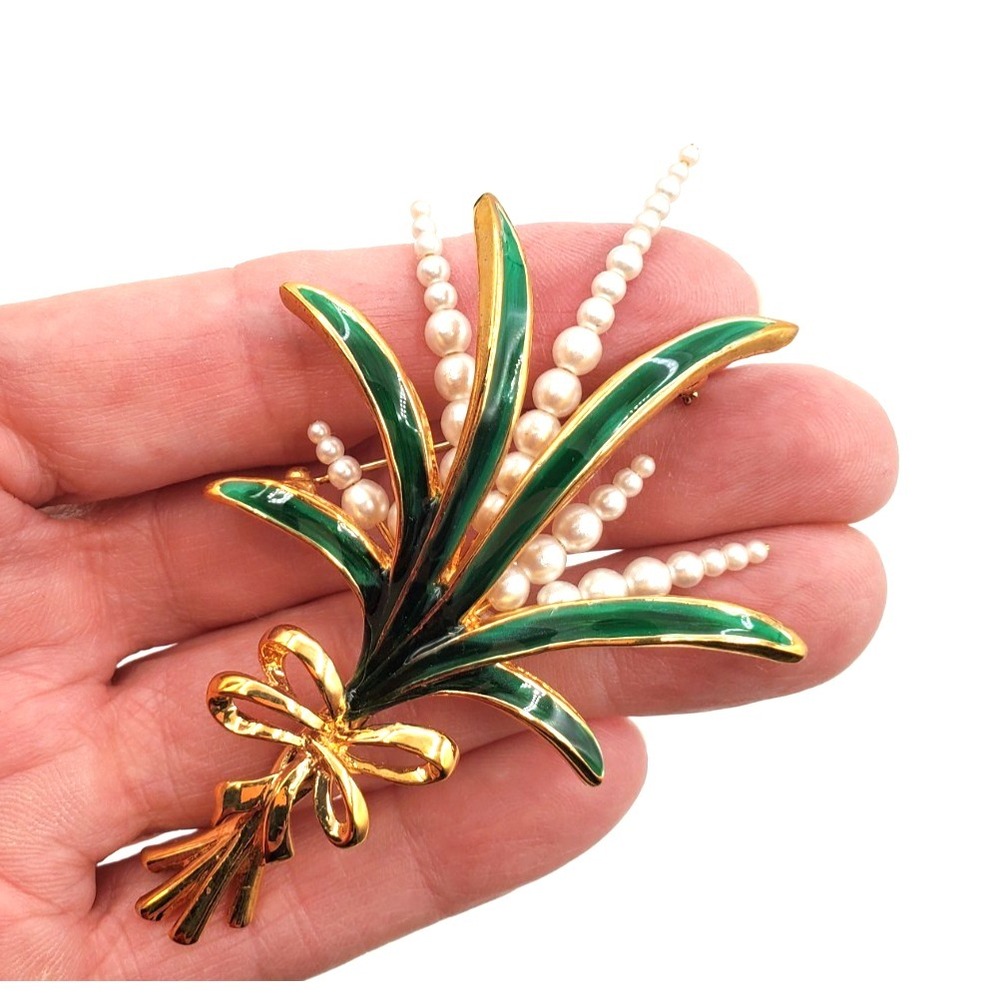 Vintage Roland Faux Pearl Green Enamel Floral Bouquet Brooch Gold Tone